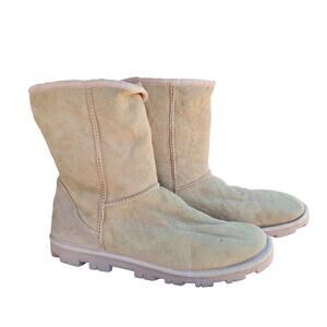 UGG Australia Short Boots Tan Suede Shearling Lined Pink Trim Women's 10